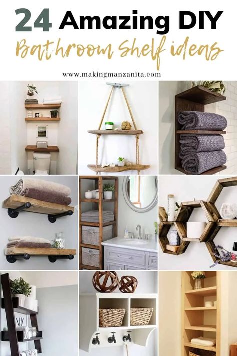 Whether it's a guest bathroom, master bath, or family bathroom, you need storage. Shelving in the bathroom is a great way to add extra storage and unique style to your space. Check out these 24 amazing DIY bathroom shelf ideas for adding storage to your bathroom! Tiny Bathroom Shelving Ideas, Small Bathroom Floating Shelf, Bathroom Shelves For Makeup, Beside The Toilet Storage Ideas, Bathroom Shelving For Towels, Bathroom Shelves Floating, Bathroom Shelves Ideas The Wall, Diy Bathroom Shelving Ideas, Bathroom Wall Shelf Ideas Floating Shelves Master Bath