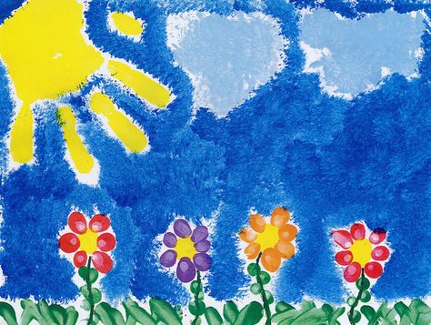 Handprint sunshine and fingerprint flowers Art To Remember Projects Preschool, Handprint Garden Art, Spring Fingerprint Art, Finger Print Flowers, Summer Finger Painting For Kids, Finger Print Art Ideas, Finger Painting Ideas For Kids, Finger Print Flowers Preschool, Mother’s Day Craft Fingerprint