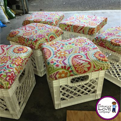 Crate stools: the perfect combination of extra seating and much needed storage. This easy DIY project will brighten up your classroom décor and aid your classroom organization. Crate Stools, Crate Seats, Classroom Seating, Milk Crate, Milk Crates, Flexible Seating, Diy Classroom, New Classroom, Classroom Setup