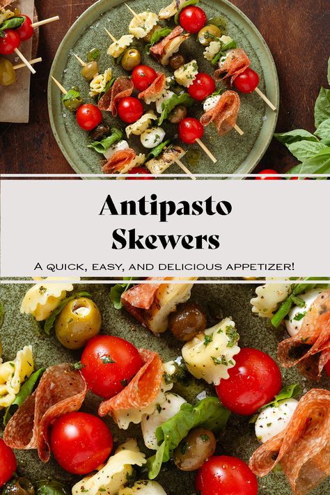 These Antipasto Skewers are an easy and colorful appetizer, packed with flavor, and perfect served as finger food at a party or as a starter for dinner. All you need are some mini mozzarella balls, cherry tomatoes, olives, artichokes, tortellini, and any other small bites you want to add! Everything can be prepped ahead and it's always a crowd-favorite! Starters For Dinner, Easy Skewers, Antipasto Appetizer, Mini Mozzarella Balls, Tortellini Skewers, Italian Antipasto, Antipasto Skewers, Parmesan Green Beans, Mozzarella Balls