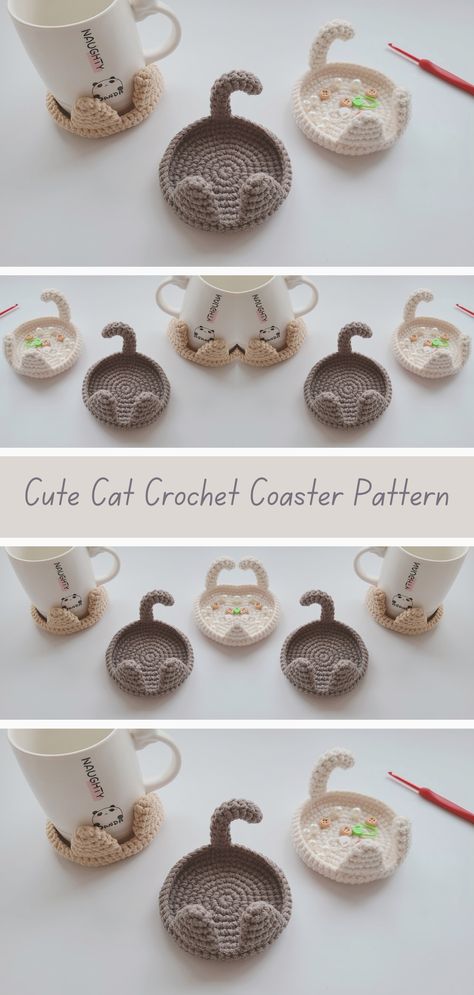 Cute crochet coaster pattern featuring adorable cat design. Perfect for cat lovers. Adds whimsy to home decor. Crocheted Coffee Cup Coasters, Crochet Patterns Decorations, Crochet Cat Cup Coaster, Crocheted Cat Coasters, Cute Coaster Crochet Pattern Free, Crochet Cat Mug Rug, Crochet Cup Coaster Pattern, Kitty Coasters Free Pattern, Cup Coaster Crochet Pattern