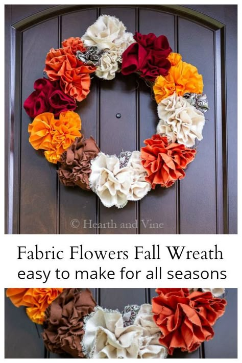 Learn how you can easily make this fabric flower fall wreath by using strips of scrap material or cheap remnants from the fabric store. #diy  #diyhomedecor #falldecor #flowers #wreath Fabric Wreaths, Flower Fall, Easy Fall Wreaths, Material Wreaths, Flowers Wreath, Scrap Fabric Projects, Fabric Wreath, Rag Wreath, Diy Fall Wreath