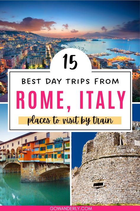 List of 15 day trips from Rome accessible by train, featuring various destinations and attractions in Italy. One Week Rome Itinerary, Train Trip Through Italy, Day Trips From Rome By Train, Rome Day Trips, Rome Italy Photography, Day Trip From Rome, Italy Places To Visit, Medieval Towns, Italy Trip Planning