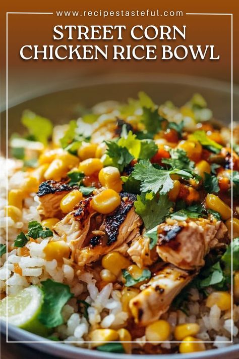 This street corn chicken rice bowl is packed with bold flavors and textures. It features tender, seasoned chicken, zesty Mexican street corn, and a bed of fluffy rice, all topped with a creamy, spiced dressing. Perfect for a hearty lunch or dinner that brings the flavors of Mexican street corn to a filling bowl. Creamy Mexican Street Corn, Street Corn Chicken, Chicken Rice Bowl, Fluffy Rice, Corn Chicken, Chicken Rice Bowls, Hearty Lunch, Seasoned Chicken, Mexican Street Corn