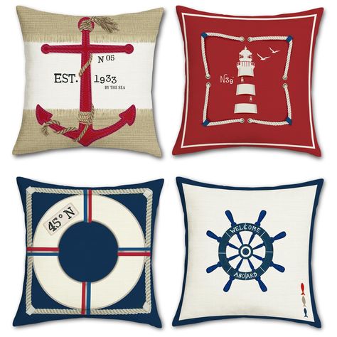 PRICES MAY VARY. Linen Material: Made of high quality polyester linen, no peculiar smell, comfortable, breathable, durable and stylish. Nautical Design: Featuring helm, anchor, lifebuoy, and lighthouse elements, available in classic red and blue maritime color, these nautical pillow covers are perfect for adding a coastal feel to your living room, bedroom, or outdoor spaces. Size: 18 x 18 inch (45 x 45 cm), please allow 1~2cm deviation, as they are handmade. (Not include Inserts or fillers). Tip Navy Blue Decorative Pillows, Nautical Home Decorating, Nautical Pillow Covers, Anchor Pillow, Nautical Throw Pillows, Nautical Pillow, Nautical Cushions, Nautical Pillows, Outdoor Cushion Covers