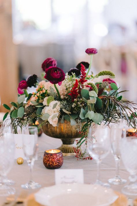 Elegant Jewel-Toned Farm Wedding in Tennessee | Tennessee Real Weddings | Gallery | Item 60 Centerpieces Wedding Jewel Tone, Magenta Wedding Flowers Centerpieces, Low Compote Centerpiece, Jewel Tone And Gold Wedding, Jewel Tone Centerpieces Wedding, Jewel Tone Flower Arrangements, Jewel Tone Floral Arrangements, Jewel Tone Centerpieces, Compote Centerpiece Wedding