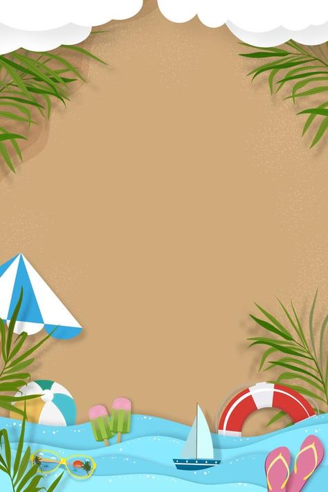 Summer background with beach vacation holiday theme with blue ocean wave layer and copy space,Vector Top view paper cut of tropical summer design, palm leaves and cloud on beach sand background Summer Theme Background, Bday Template, Beach Theme Birthday, Summer Sale Poster, Sand Background, Cloud Background, Space Vector, Beach Birthday Party, Kids Math