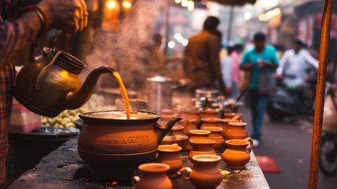 Tea Stall Moment: A vendor pours steaming tea into terracotta cups at a bustling street market in the evening. #tea #pouring #cups #terracotta #market #street #evening #vendor #aiart #aiphoto #stockcake https://ayr.app/l/b7YW Tea Stall, Indian Tea, Street Vendor, Free Tea, Hot Tea, Tea Time, Tea Pots, Tea, In This Moment