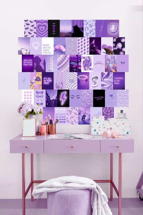 PURPLE AESTHETIC ROOM DECOR: Give your home a new look with Haus and Hues's purple collage kit for wall aesthetic. #HausandHues #purplekit #collagekits Purple Wall Design Bedrooms, Room Ideas Purple Wall, Wall College Aesthetic, Purple Room Decor Ideas, Purple Aesthetic Room Decor, Lavender Room Ideas, Purple Office Decor, Purple Aesthetic Room, Collage Aesthetic Pictures