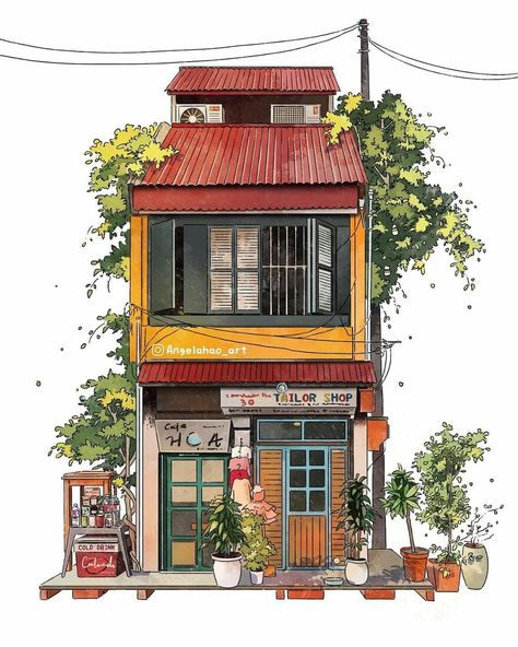 The Most Charming Facades Created Digitally By Artist Angela Hao Angela Hao, Town Illustration, Urban Scenery, Watercolor House Painting, Building Drawing, Watercolor Architecture, Casa Country, Building Illustration, Architecture Drawing Art