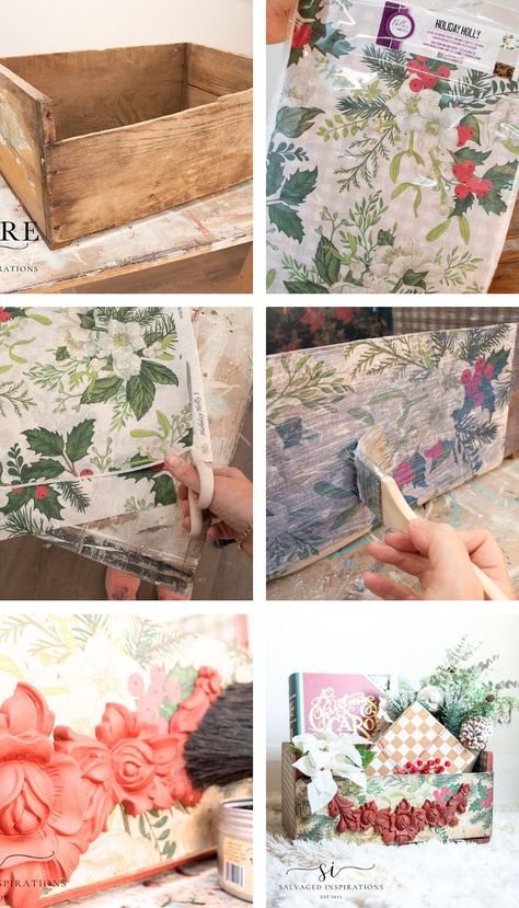 How To Decoupage Wood Decoupage Drawer Fronts, How To Decoupage, Decoupage Wooden Boxes, Decoupage On Wood, Thrift Store Furniture Makeover Diy, Wooden Box Crafts, Decoupage Jewelry Box, Salvaged Inspirations, Decoupage Papers