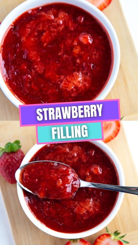 Easy, homemade strawberry cake and cupcake filling! Made with frozen strawberries! Strawberry Cupcake Filling Recipe, Strawberry Jam Cake Filling, Strawberry Filling For Cake, Homemade Strawberry Filling, Cupcake Filling Recipes, Cupcake Filling, Filling For Cakes, Strawberry Filled Cupcakes, Strawberry Wedding Cakes