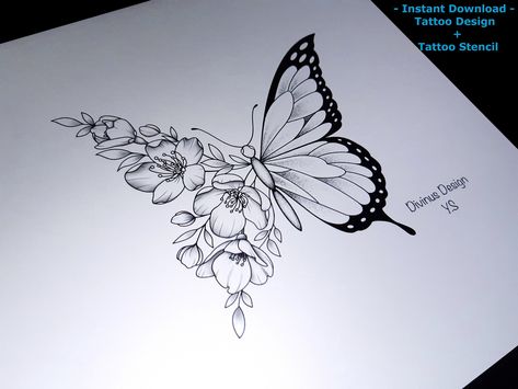 New design available for sale in my Etsy shop 😊 🦋!! Half Butterfly and Half Flowers Tattoo Design Stencil/Tattoo template - Floral Butterfly Tattoo - Instant Digital Download #butterflytattoo #halfbutterflyhalfflowers #floralbutterfly #femaletattoo #flowerbutterfly Butterfly Cherry Blossom Tattoo, Half Butterfly Half Flower Tattoo Drawing, Cherry Blossom Butterfly Tattoo, Half Flower Half Butterfly, Butterfly Flowers Tattoo, Butterfly And Flowers Tattoo, Floral Butterfly Tattoo Design, Half Butterfly Half Flower Tattoo, Half Butterfly Tattoo