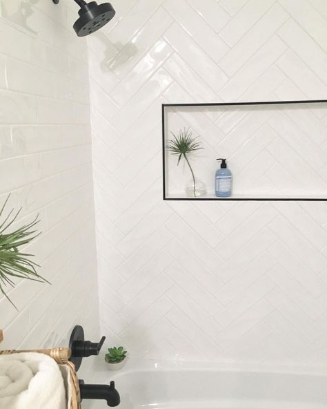 Herringbone Subway Tile Shower Wall, Herringbone Shower Tile, White Tile Bathroom Walls, Herringbone Tile Bathroom, White Shower Tile, White Subway Tile Shower, White Herringbone Tile, White Subway Tile Bathroom, Master Bath Tile