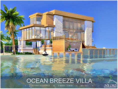 The Sims Resource - Ocean Breeze Villa (No CC!) Sims 4 Beach House, Sims 4 No Cc, The Sims 4 Lots, Large Balcony, Beautiful Patios, House Beach, Modern Beach House, Modern Beach, Holiday Summer