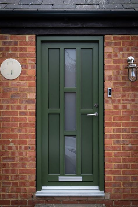 Olive Green Door, Green Entrance, Door Colour, Green Front Doors, Front Door Paint Colors, Mid Century Ranch, Door Paint Colors, Entrance Door Design, Painted Front Doors