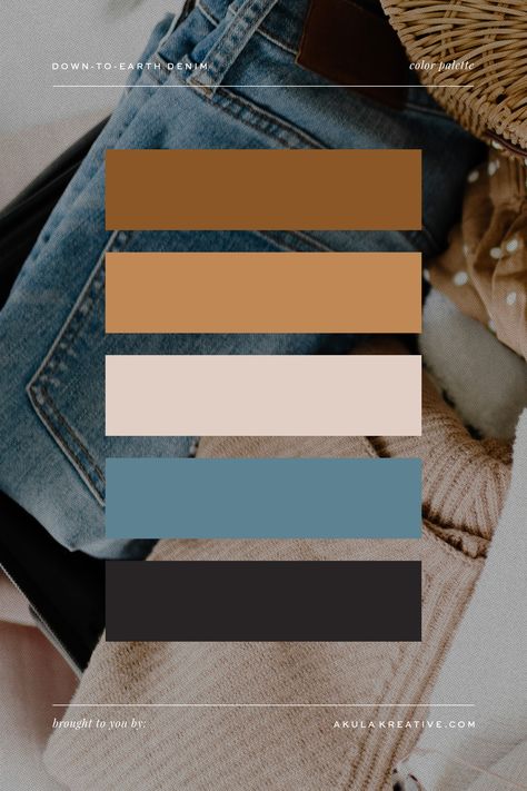 Today’s color palette features a blue inspired by a well loved pair of denim jeans, leathery tan, neutral blush, and “worn” black. It’s a great example of how a cool color can feel right at home in a warm, otherwise earthy palette.  Download a free printable PDF of this color palette that includes ALL color values (Pantone, CMYK, RGB, HEX, HSL) at www.akulakreative.com.  #colorpalette #colorpaletteinspiration #brandcolors #brandcolorpalette Blue Jean Color Palette, Denim Colour Palette, Denim Blue Color Palette, Jeans Color Palette, Denim Color Palette, Wellness Color Palette, Clothing Color Palette, Outfit Color Palette, Pallets Color