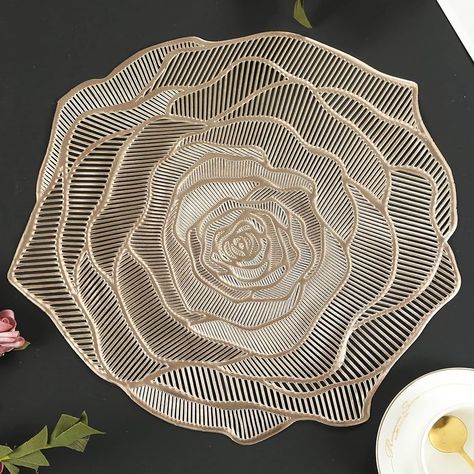 Amazon.com: Mabbcoo Gold Placemats Pressed Vinyl Round Placemats Set of 6 Pretty Rose Shape Design Washable Dining Table Decoration Mats for Birthday Holiday Party Wedding Kitchen Decor : Home & Kitchen Rose Pattern Design, Ceramic Shapes, Gold Placemats, Glam Table, Luxury Dining Table, Floral Placemats, Dining Table Decoration, Round Placemats, Pretty Rose