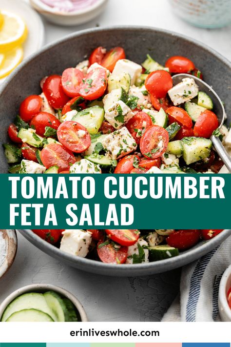 Tired of the same old salads? Looking for something fresh and delicious to add to your summer menu? Take a look at this delectable cucumber tomato feta salad! This light, flavorful Greek salad combines juicy tomatoes, crisp cucumbers, creamy feta cheese, and fragrant herbs. All tossed together in a simple oil and vinegar dressing that ties it all together. Perfect for a hot summer day or as a side dish to any meal! Cucumber Tomato Feta Balsamic Salad, Cucumber Tomato Avocado Salad Recipes, Cava Cucumber Tomato Salad, Greek Tomato And Cucumber Salad, Greek Cucumber Tomato Salad, Tomato Cucumber Feta Salad, Salad Platters, Cucumber Tomato Feta Salad, Salad Types