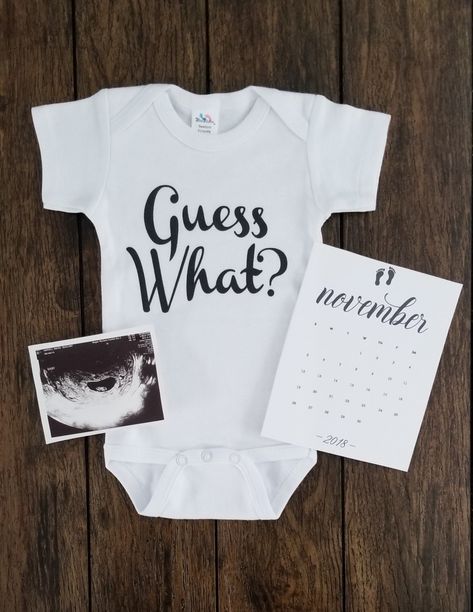 Baby announcement Guess what onesie November due date sonogram Itty Bitty Baby Clothes, Bitty Baby Clothes, Baby Announcement Onesie, November Baby, Fun Baby Announcement, Trendy Baby Nursery, New Baby Announcements, Due Date, Baby Quotes