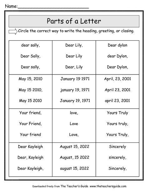 parts of a friendly letter worksheet Parts Of A Friendly Letter, Parts Of A Letter, Kindergarten Journals, Letter Writing Activities, Friendly Letter Writing, Fourth Grade Writing, 5th Grade Writing, 2nd Grade Writing, Ela Writing