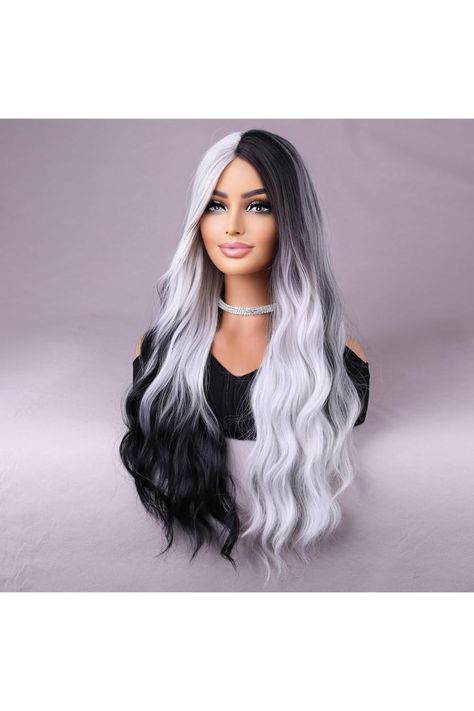 BERON Black White Wig Long Wavy Wigs Black White Wigs for Women Long Curly Black White Wig for Party Halloween White Wigs, Black And White Wig, White Wig, Wavy Wigs, Grey Wig, Double Black, Fake Hair, Black Ombre, Wigs For Women