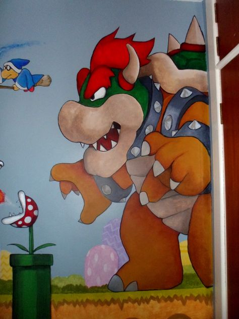 Super Mario Inspired Bedroom, Mario Mural Bedroom, Mario Wall Mural, Mario Bedroom Ideas, Mario Bedroom Ideas Boys, Mario Mural, Boys Bedroom Ideas Gamer, Mario Bros Room, Mario Bedroom