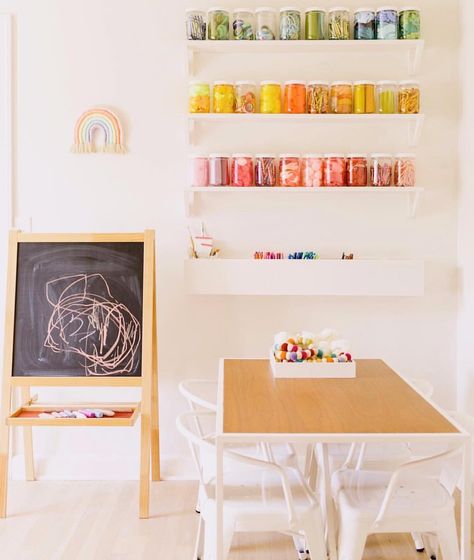 My organized art space for little Nova. We use this space almost every day. ❤️🧡💛💚💙💜 #abmathome Art Station Organization, Playroom Coloring Station, Playroom Arts And Crafts Area, Playroom Craft Storage, Playroom Art Station, Kids Craft Station, Crafts Station, Kids Art Station, Creative Playroom