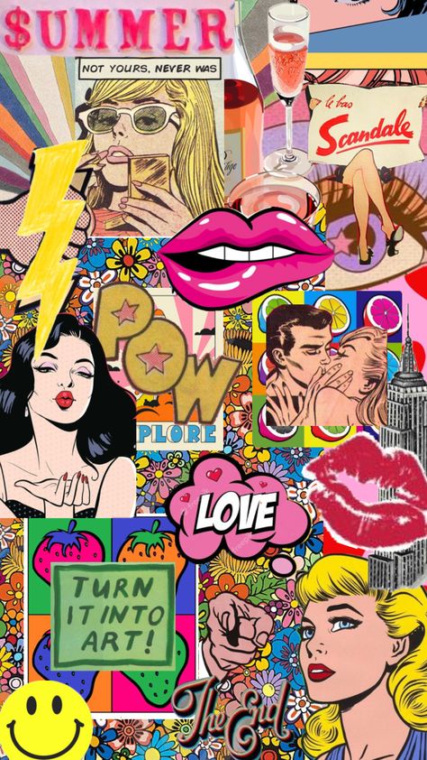 Pop art inspo #popart #wallpaper #vibes #70s Pop Art Fashion Aesthetic, Pop Culture Mood Board, Pop Art Phone Wallpaper, British Pop Art, 70s Collage Art, Pop Art Title Page, Comic Aesthetic Pop Art, Pop Culture Wallpaper, Comic Style Art Illustration