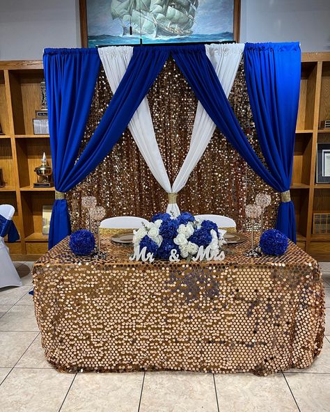 Blue White And Gold Wedding, Blue And Gold Decorations, White And Gold Wedding Decor, Car Themed Wedding, Gold Theme Wedding, 50th Wedding Anniversary Ideas, Backdrops Ideas, Pond Wedding, Gold Wedding Decor