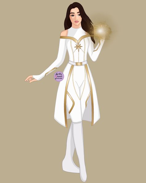 How To Make A Superhero Costume, White And Gold Superhero Suit, White Superhero Suit Design, Cosmic Superhero Suit, White And Gold Superhero Suit Female, Eternals Outfits, Gold Superhero Suit Female, Superhero Suits Female, White Superhero Suit Female