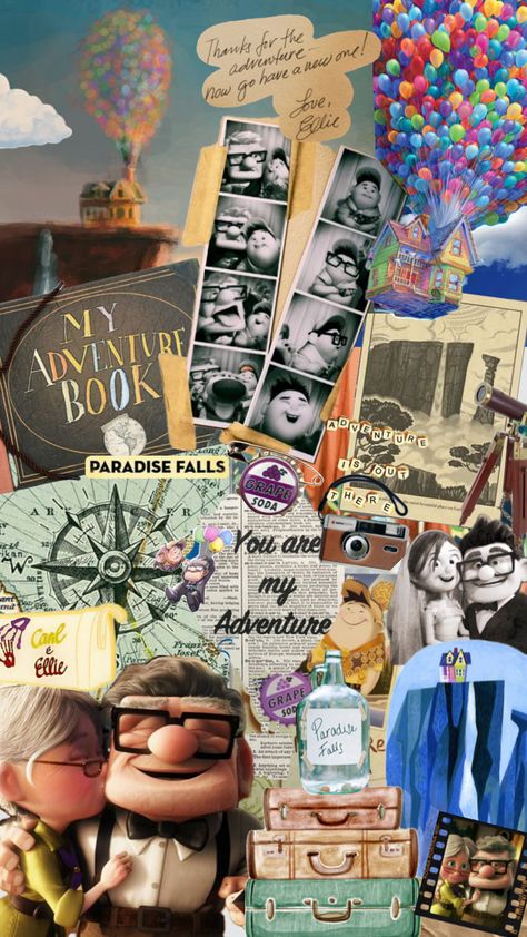 #up #aesthetic #disney Up Aesthetic, Aesthetic Disney, Paradise Falls, Yearbook Themes, Disney Collage, Adventure Book, Collage Paper, Screen Savers, Disney Wallpaper