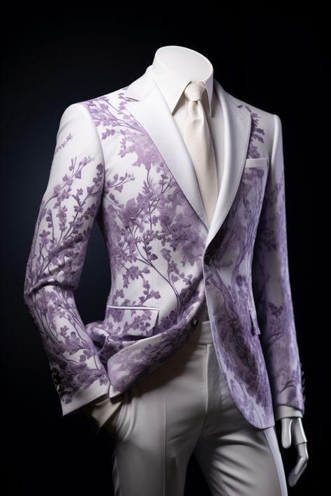 Lavender flower inspired suit Purple Victorian Suit Men, Lilac Wedding Suit, Whimsical Wedding Suit, Light Purple Suits For Men, Fairytale Suits For Men, Male Prom Outfits Unique, Feminine Suits For Men, Light Purple Suit, Lilac Groom Suit