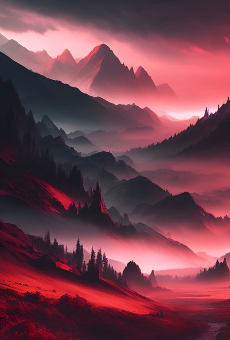 The Eerie Calm of the Crimson Mountains, AIGAW on ArtStation at https://www.artstation.com/artwork/OGoOOK Red Mountains Aesthetic, Fire Mountain, Red Mountain, Mountain Fantasy Art, Red Mountains, Red Landscape, Mountain Landscape Drawing, Mountains At Night, Mountains Aesthetic