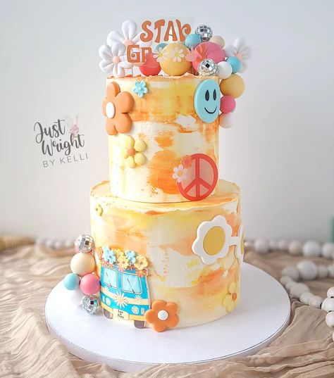 Staying Groovy with Peace, Love, and Birthday Cake! Loving this retro themed cake for a brother and sister celebrating their birthdays together. I hope they had a far out time with family and friends. . . . . #groovy #peacelovehappiness #peaceloveandbirthdaycake #birthdayparty #birthdaytheme #retrocake #kidsbirthday #Merrimacknh #merrimackbaker #summerbirthday #watercolorcake #smileyface #70sstyle Hippie Birthday Cake, Retro Birthday Cake, Hippie Cake, Groovy Cake, Second Birthday Cake, Second Birthday Cakes, 10 Birthday Cake, 70th Birthday Cake, Hippie Birthday