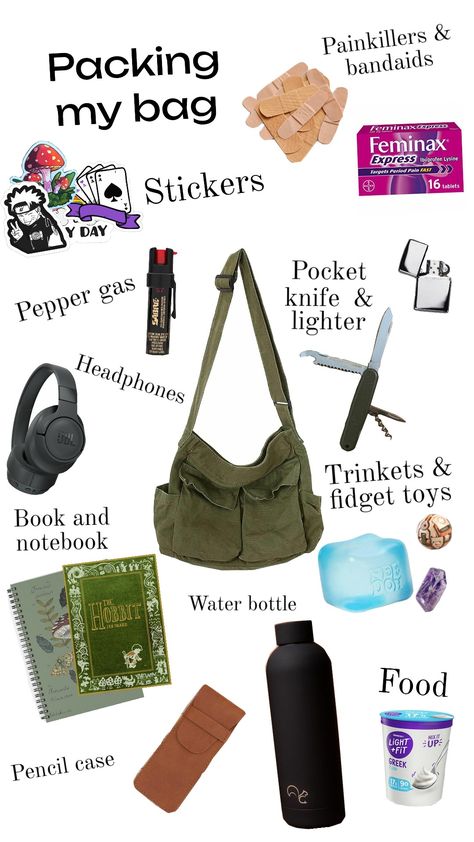 College bag inspo #packingbag #goblincore #bagessentials #bag Goblincore Bag, Goblin Core, Period Pain, College Bags, Bagpack, Pencil Case, Pins