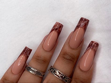 Brown Marble Tip Nails, Brown Marble Nails French Tip, Brown Swirl French Tip Nails, Black Marble French Tip Nails, Brown Marble French Tip Nails, French Tip And Marble Nails, Good Acrylic Nails, Brown Fall Acrylic Nails, Brown Nail Inspiration