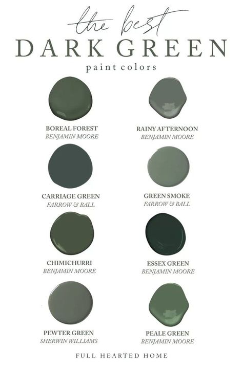 Dark Mossy Green Paint Colors, Dark Muted Green Paint, Behr Paint Dark Green, Deep Green Exterior House Colors, Dark Boho Paint Colors, Dark Academia Green Paint, Dark Home Office Paint Colors, Dark Moody Green Paint, Moody Green Paint Colors Sherwin Williams