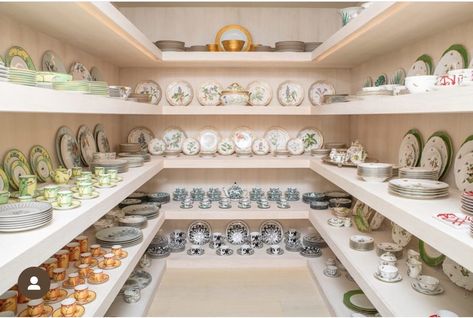 Kris Jenner House, Dish Room, Jenner House, Green Dinner Plates, Ceiling Shelves, Fancy Dishes, Butler's Pantry, Minimal Decor, Tableware Collection