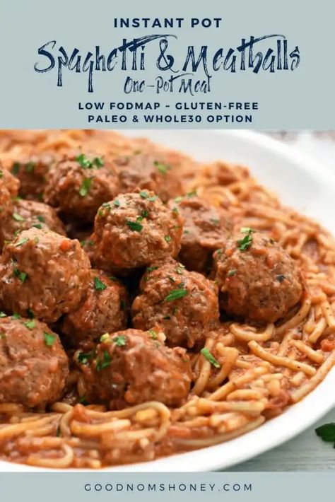 Spaghetti Sauce And Meatballs, Instant Pot Spaghetti And Meatballs, Low Fodmap Dinner Recipes, Fodmap Dinner Recipes, Sauce And Meatballs, Paleo Instant Pot Recipes, Meatballs Dinner, Paleo Low Fodmap, Brown Rice Noodles