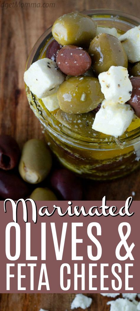 Greek Marinated Olives with Feta Cheese. A delicious mediterranean diet inspired appetizer or snack, that is also low carb, these marinated olives and feta cheese are perfect for anyone who is looking for a tasty easy recipe. #Greek #Olives #MidgetMomma #LowCarb #Keto #Snack #KetoSnack #LowCarbSnack #MarinatedOlives #Feta Greek Olives Recipes, Feta And Olives Recipe, Olives And Feta Cheese, Marinated Olives And Feta, Herb Appetizers, Marinated Olives And Cheese, Olive Appetizers, Greek Lunch, Olive Board