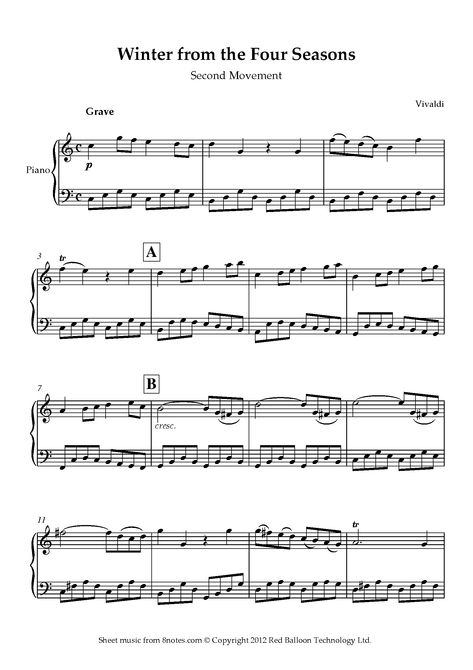 Vivaldi, Antonio - Winter from the Four Seasons 2nd movement Sheet music for Piano Vivaldi Winter Violin, Beginner Violin Sheet Music, Easy Violin Sheet Music, Free Sheet Music For Piano, Vivaldi Winter, Alto Saxophone Sheet Music, Learn Piano Chords, Piano Songs Sheet Music, Sheet Music With Letters