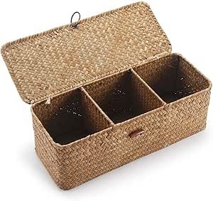 Seagrass Storage Basket with Lid Rectangular Small Woven Shelf Baskets with Sections for Organize Snack Toys Tampon Toilet Roll Storage, Storage Basket With Lid, Roll Storage, Shelf Baskets, Baskets For Shelves, Seagrass Storage Baskets, Storage Baskets With Lids, Wicker Shelf, Basket With Lid