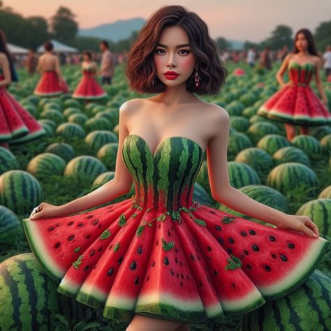 Bizzare Art, Absurd Art, Fruit Dress, Fruit Costumes, Wedding Gown A Line, Dress Pic, Watermelon Dress, Neural Art, Fashion Figure Drawing