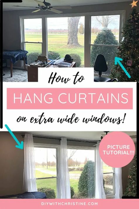 Large Wall Of Windows Curtains, Window Treatments Large Picture Window, Curtains On Wide Windows, Curtains Inside Window Frame, Large Window Treatments, Corner Window Curtains, How To Hang Curtains, Extra Wide Curtains, Hang Curtains