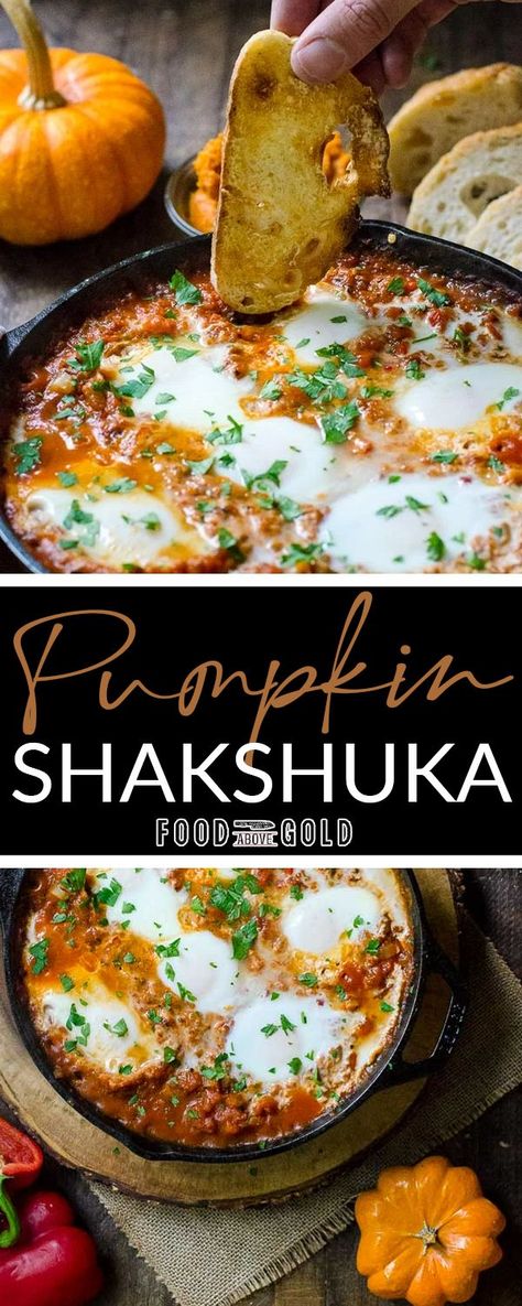 #ad With only a few ingredients, this pumpkin shakshuka recipe is loaded with autumnal flavor. Serve it on potatoes or with crusty bread for a delicious breakfast. This pumpkin shakshuka recipe is a great way to use an opened can of pumpkin puree. This gluten-free savory breakfast is extremely flavorful and done in about 20 minutes. You’ll love this recipe with its autumnal twist and look forward to making it over and over every year. | @foodabovegold #fallShakshukarecipe #howtomakeShakshuka Savory Pumpkin Breakfast, Dinners With Pumpkin Puree, Savory Apple Recipes Vegetarian, Autumn Recipes Gluten Free, Mediterranean Pumpkin Recipes, Grilled Pumpkin Recipes, Savory Pumpkin Recipes Dinners, Gourmet Autumn Recipes, Savoury Pumpkin Pie