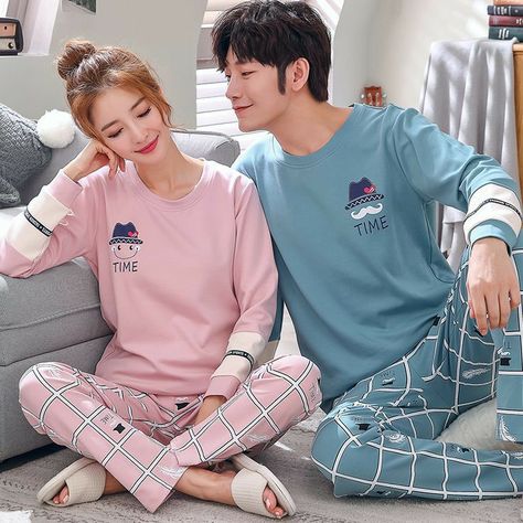 Matching Pajamas For Couples, Korea Couple, Matching Couple Pajamas, Pajamas For Couples, Pajama Set Cotton, Men Cartoon, Couple Pajamas, Cute Pajama Sets, Women Sleepwear