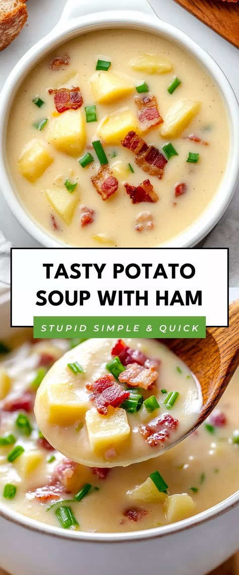 Image for Tasty Potato Soup with Ham Best Ham And Potato Soup Recipe, Soup Ham And Potato, Potatoe Ham Soup Creamy, Potato Soup With Buttermilk, Easy Potato And Ham Soup, Cream Of Ham And Potato Soup, Potato Ham Soup Recipe, Ham Potatoes Soup, Ham Bacon Potato Soup