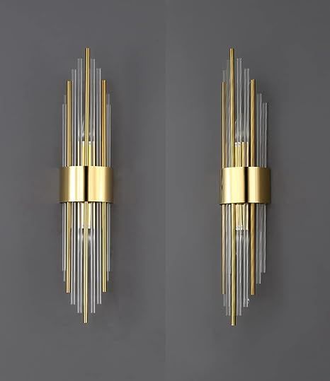 2-Light Modern Brushed Titanium Gold Wall Sconce with Clear Glass. Crystal Luxury Wall Light Fixtures for Bedroom, Living Room, Bathroom, Vanity Mirror or Hallway. Light Fixtures come with a Set of 2. Brand: SHAWNKEY Color: Gold Material: Stainless Steel Style: Modern Light fixture form: Sconce Luxury Wall Lights, Art Deco Wall Lights, Wall Lights Living Room, Crystal Wall Lighting, Metal Wall Light, Modern Wall Lamp, Led Design, Wall Sconces Bedroom, Sconces Bedroom