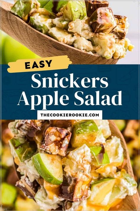 Full of the flavors of fall, this simple sweet treat is simple to prep. Chopped apples and Snicker bars are mixed with pudding mix and cream cheese, and finished with chocolate and caramel sauce. It’s perfectly sweet with a crunchy texture. If you are looking for a crowd pleasing dessert for the holidays, you can’t go wrong with this classic Snickers apple salad. Snickers Ice Cream Cake, Apple Salad Recipe, Snicker Apple Salad, Snickers Salad, Summer Desserts Easy Healthy, Snickers Candy, Dessert Cups Recipes, Apple Salad Recipes, Tart Dessert